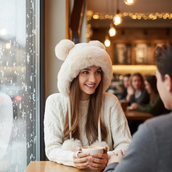 Women Beige Winter Sherpa Beanie Hats Knit Ear Flaps Peruvian Cover Ears - Picture 6 of 10